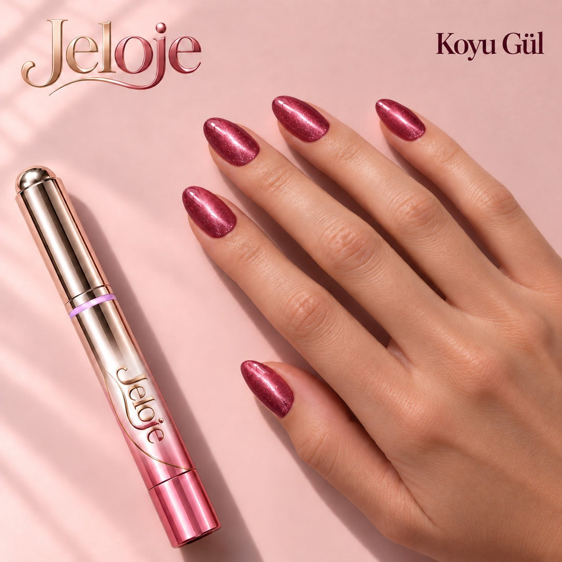 Koyu Gül kedi gözü jel oje sürülmüş tırnaklar ve JelOje kalem
