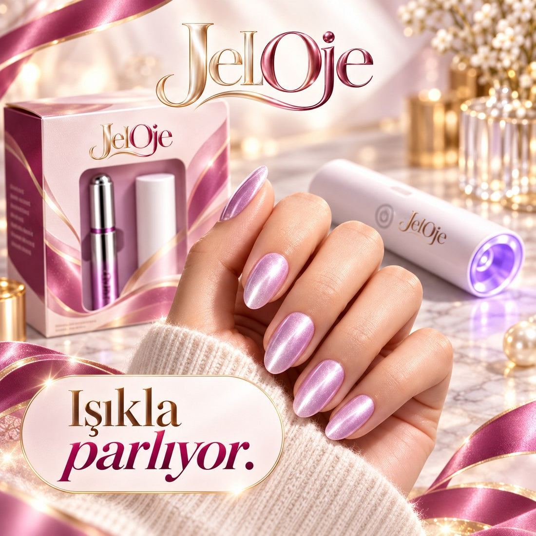 Açık pembe kedi gözü tırnaklar, arkada JelOje kutusu ve UV/LED lamba