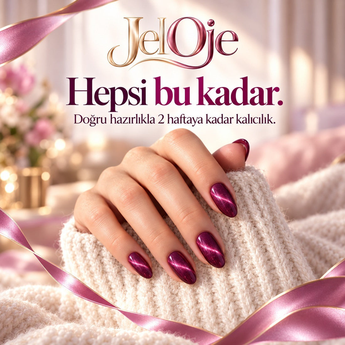 Krem örgü kazak üzerinde koyu gül kedi gözü tırnaklar